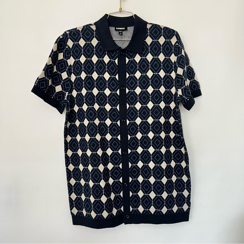 Express Diamond Geo Print Size Medium Tall Polo Sweater Blue Sport Navy Cotton